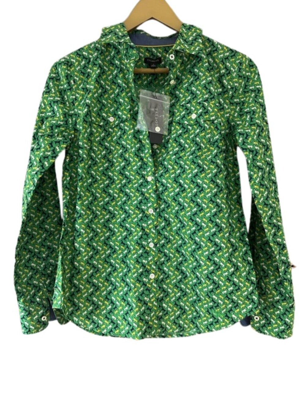 NWT Talbots Green Horse Print Button Up Shirt Long Sleeve Equestrian Blouse